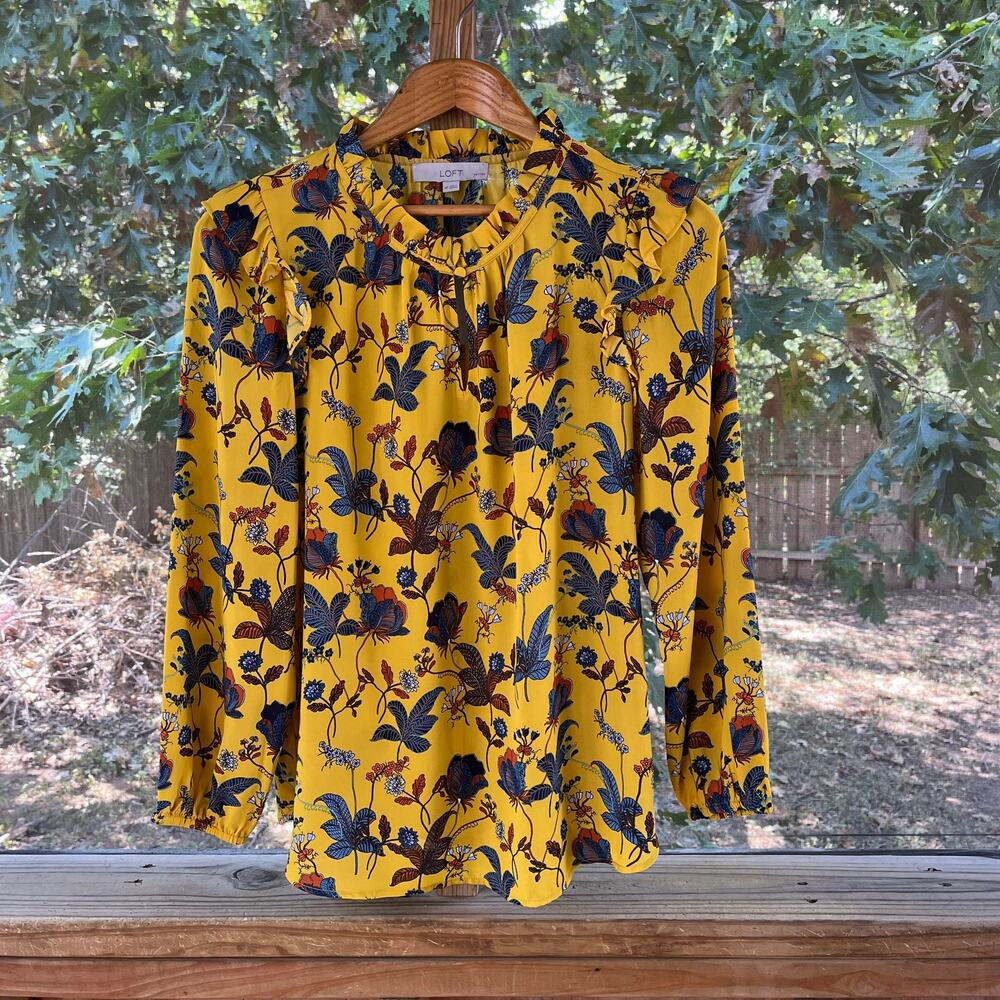 LOFT Women's Yellow Floral Long Sleeve Ruffle Blouse Size MP. NEW!